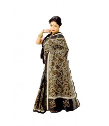 Glorious Bengali Nakshi Kantha Black Silk Saree DSC0429